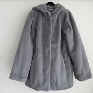 Dennis Basso Faux Fur Coat Womens Large Gray Hooded Quiet Luxury Mob Wife Cozy